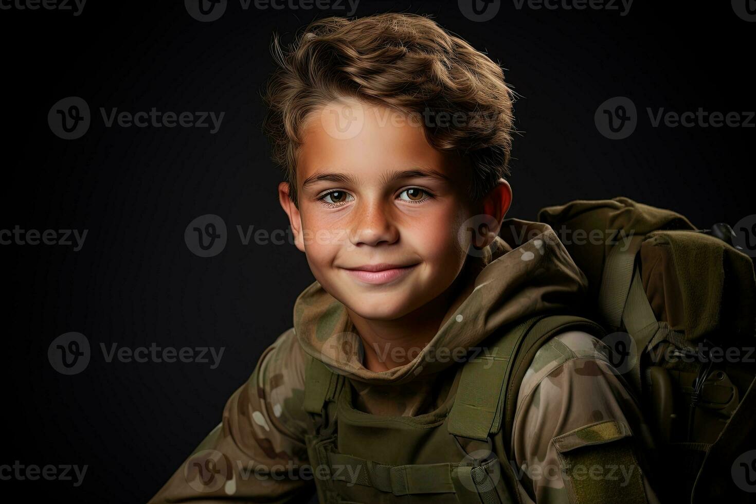 portrait de une mignonne peu garçon dans militaire uniforme sur foncé Contexte ai généré photo