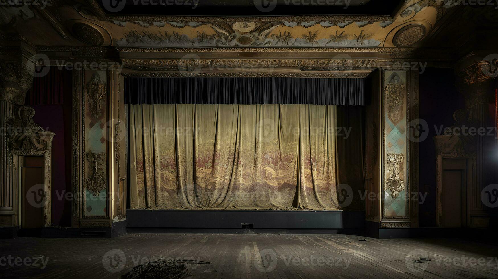 vide, vieux, abandonné, Années 1920 théâtre étape avec rideaux photo