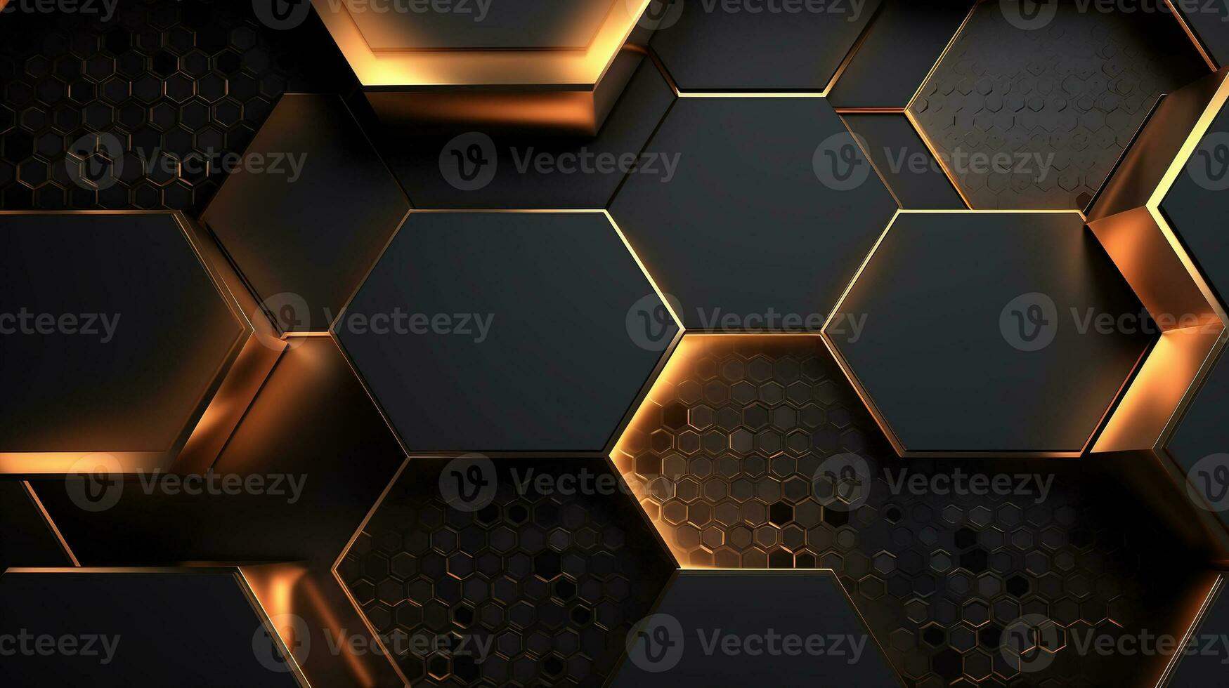 luxe hexagonal abstrait noir métal Contexte avec d'or lumière lignes. foncé 3d géométrique texture illustration. brillant la grille modèle. carbone élégant Contexte ai génératif photo