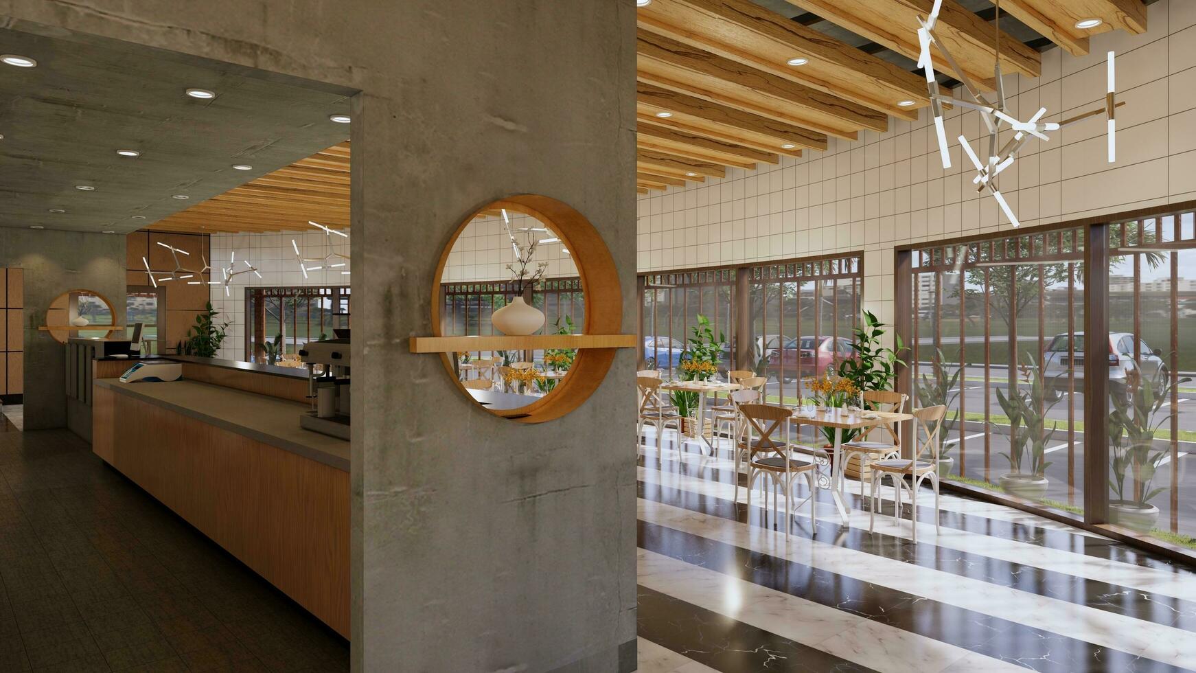 intérieur de restaurant, boulangerie et café magasin dans industriel architectural style. 3d le rendu photo