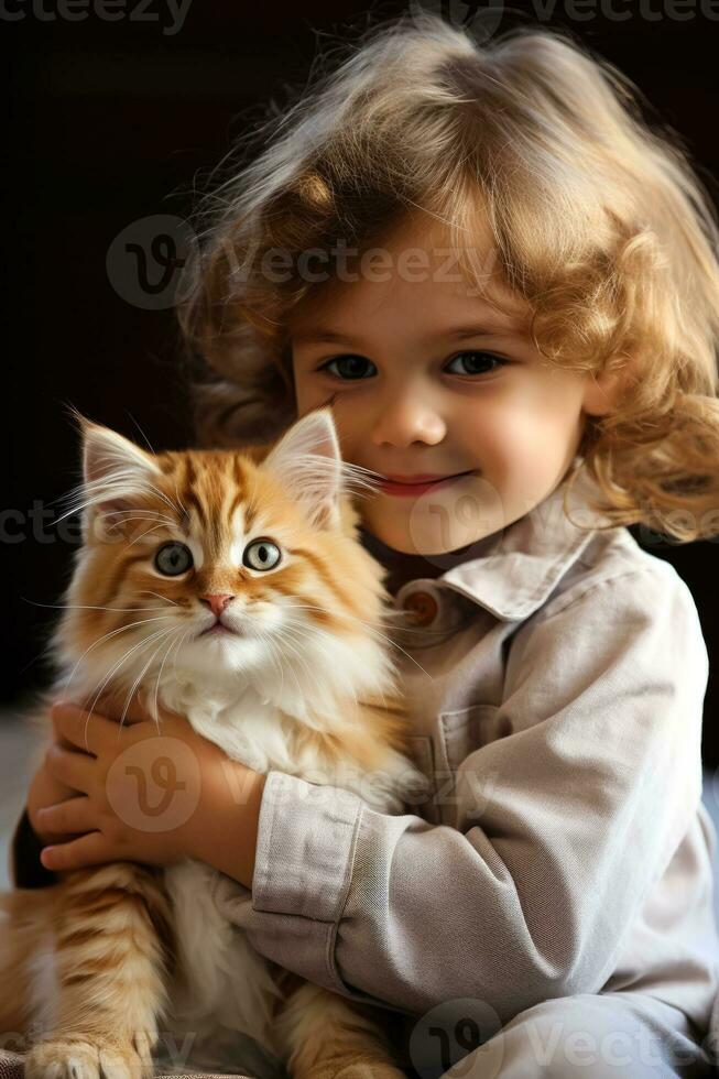 enfant en jouant avec chaton à Accueil photo