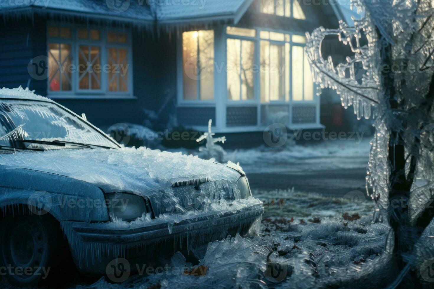 du froid hiver temps, gel sur le voiture génératif ai photo