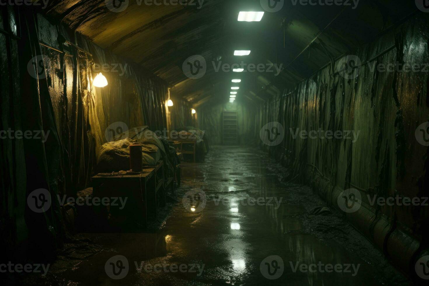 foncé couloir avec des lits dans une bombe abri génératif ai photo