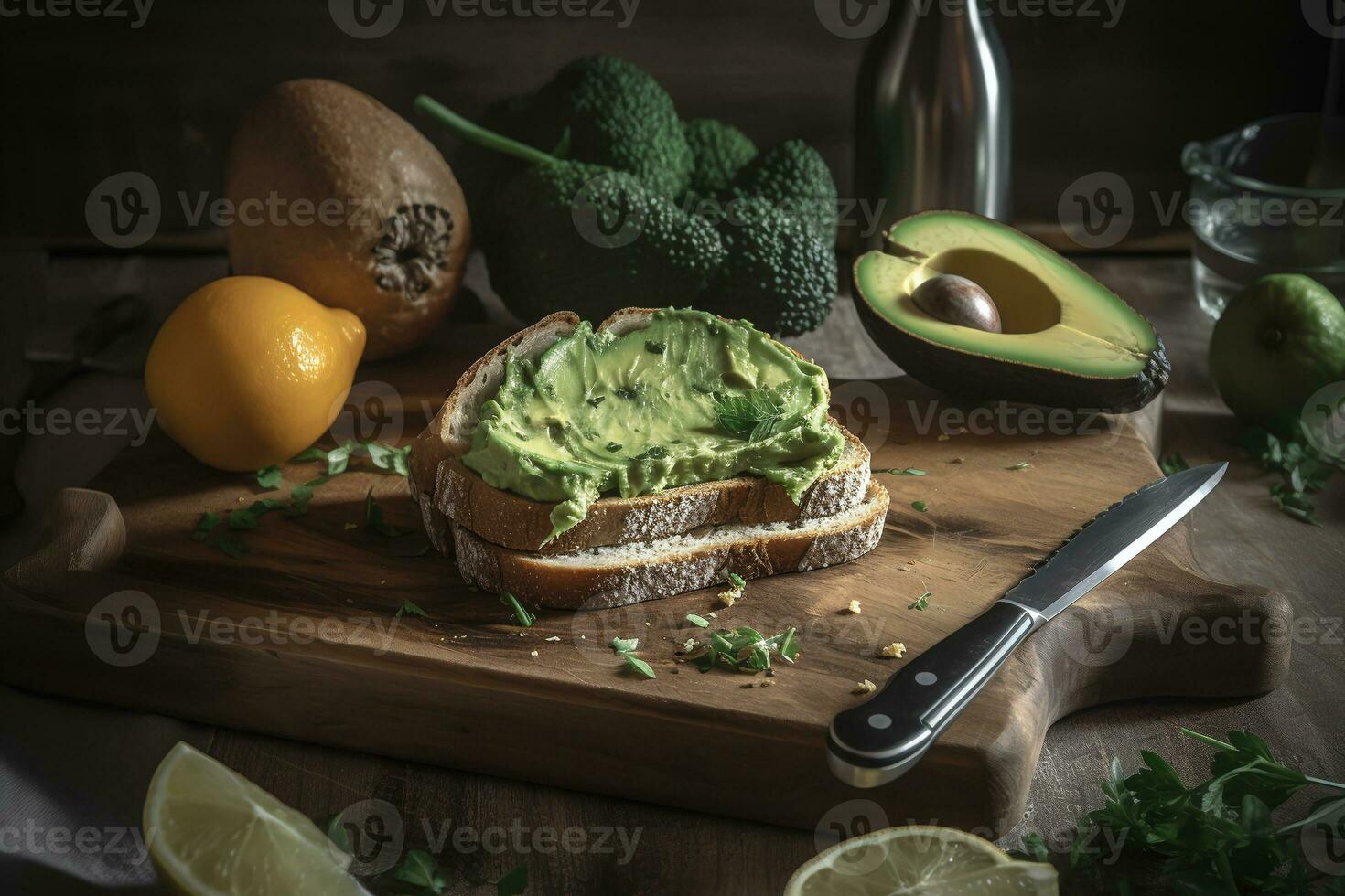 en bonne santé petit déjeuner pain grillé avec Avocat sur une en bois planche. en bonne santé en mangeant et véganisme. ai génératif photo