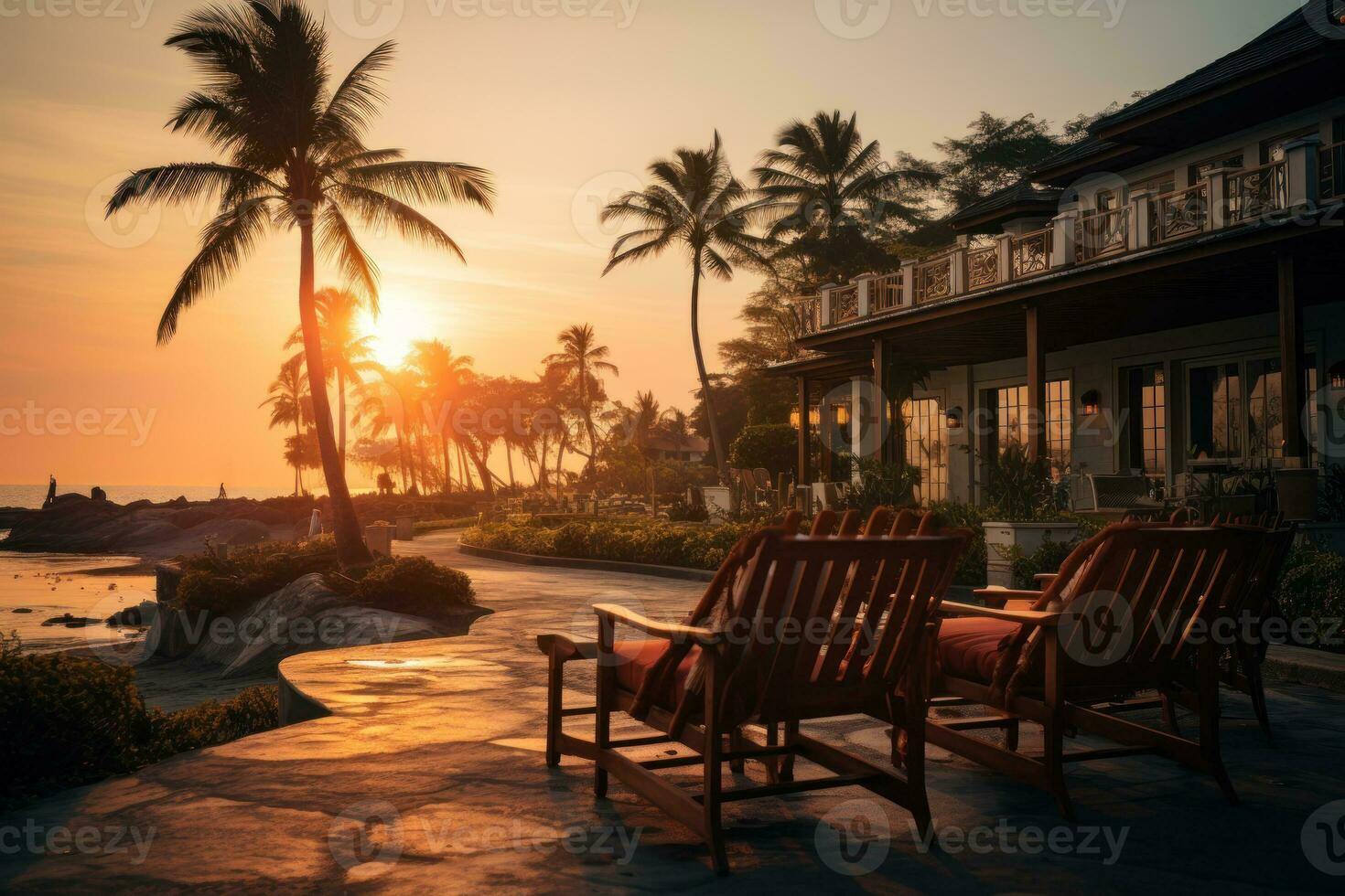 Hôtel par le mer avec paume des arbres génératif ai photo