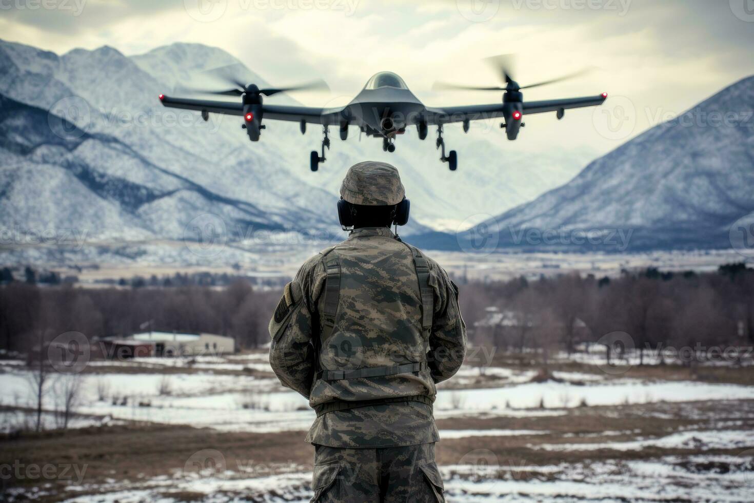 militaire homme subissant formation drone contrôle sans équipage aérien véhicule génératif ai photo