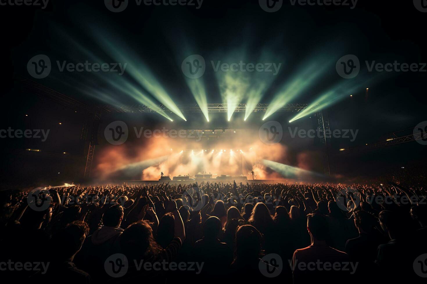 groupe de gens à une concert foule. avec fête lumières et fumée. ai généré photo