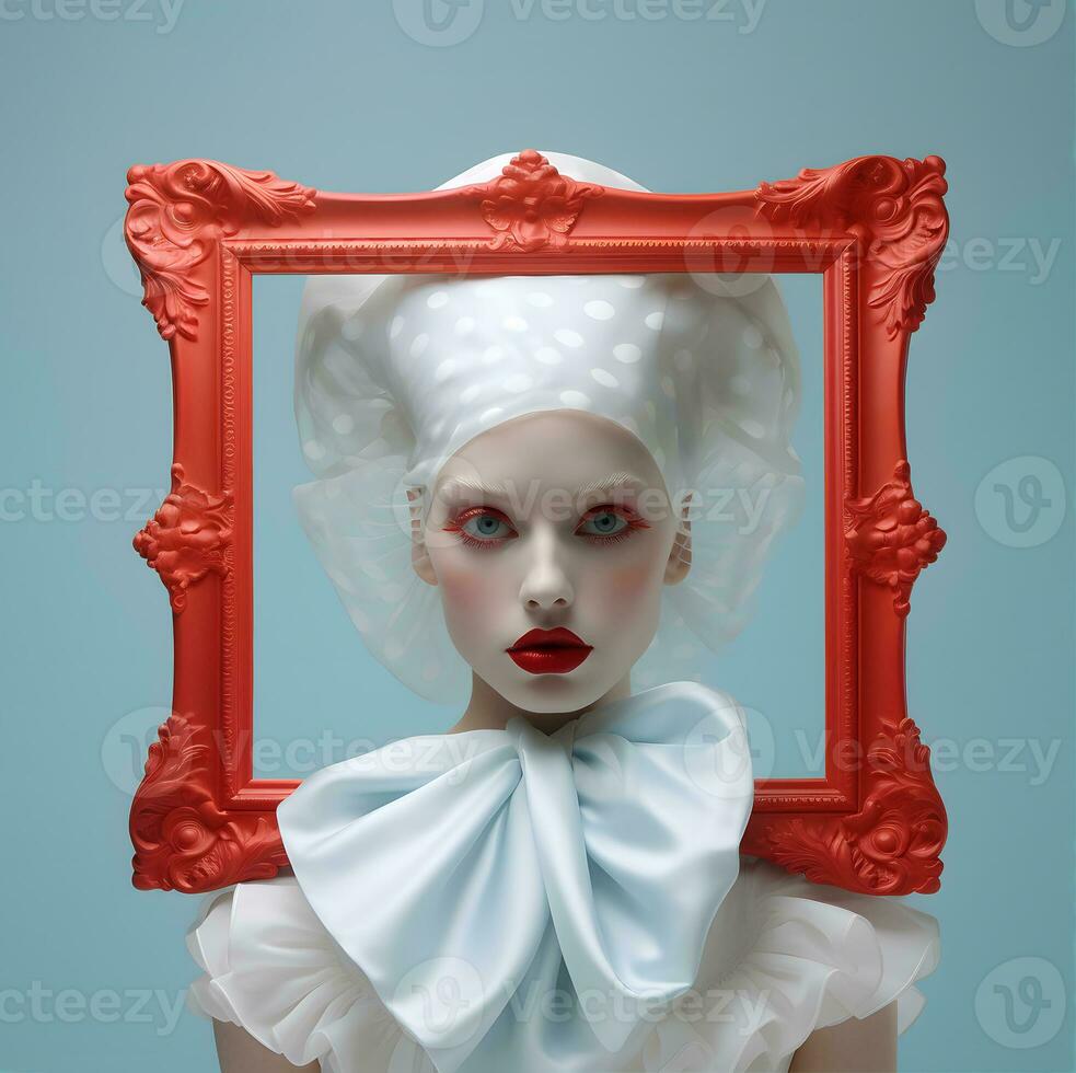 Créatif portrait de un inhabituel albinos fille avec rouge coups de se maquiller, visage encadré par une rouge ancien cadre, sans faille blanc peau et juteux rouge lèvres photo