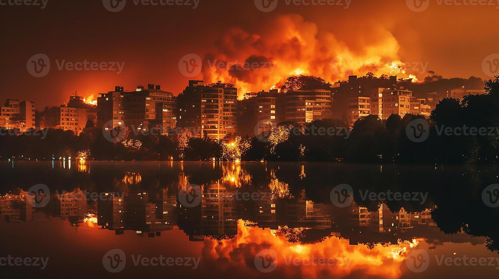 Feu près dans le ville. fumée et odeur polluer génératif ai. photo