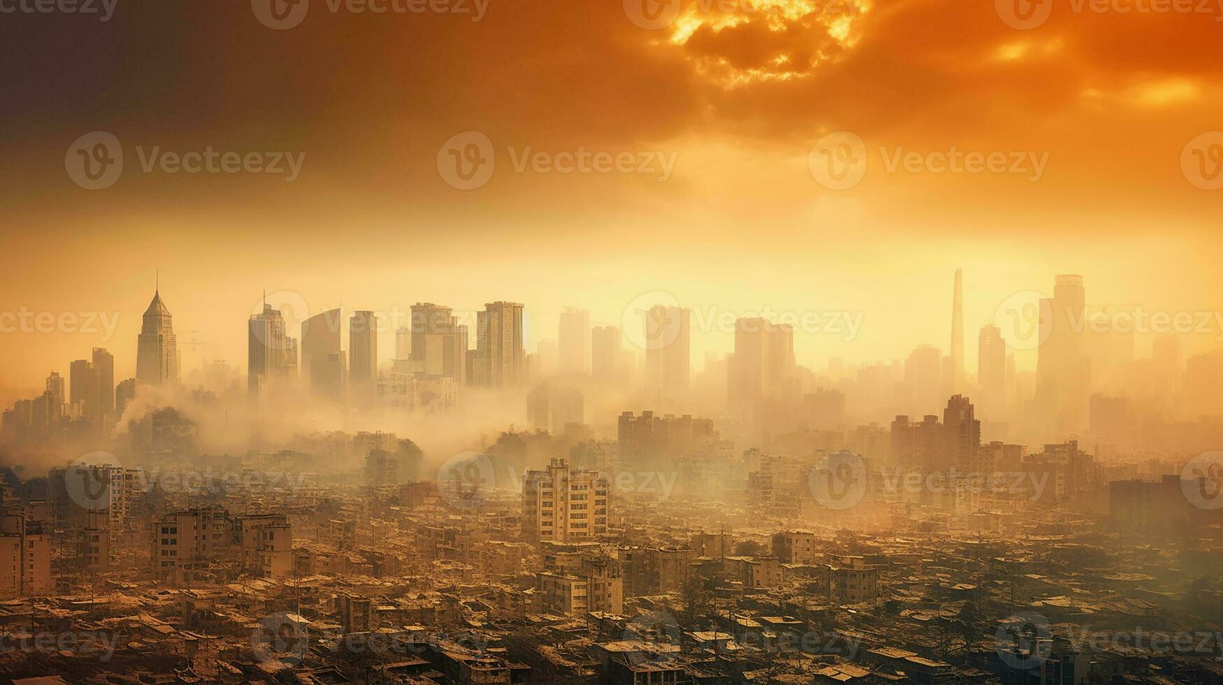 Feu près dans le ville. fumée et odeur polluer génératif ai. photo