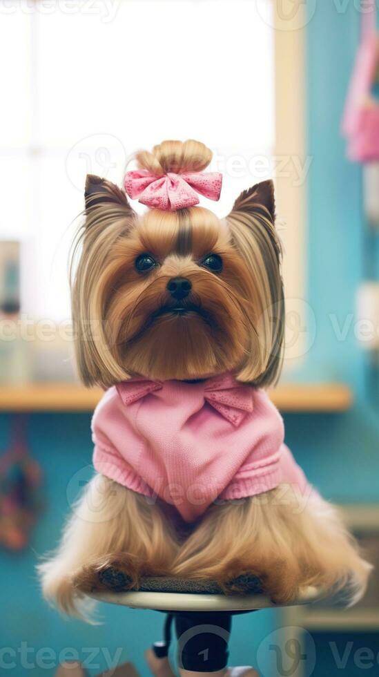 Yorkshire terrier dans rose vêtements avec une arc sur sa diriger. ai génératif photo