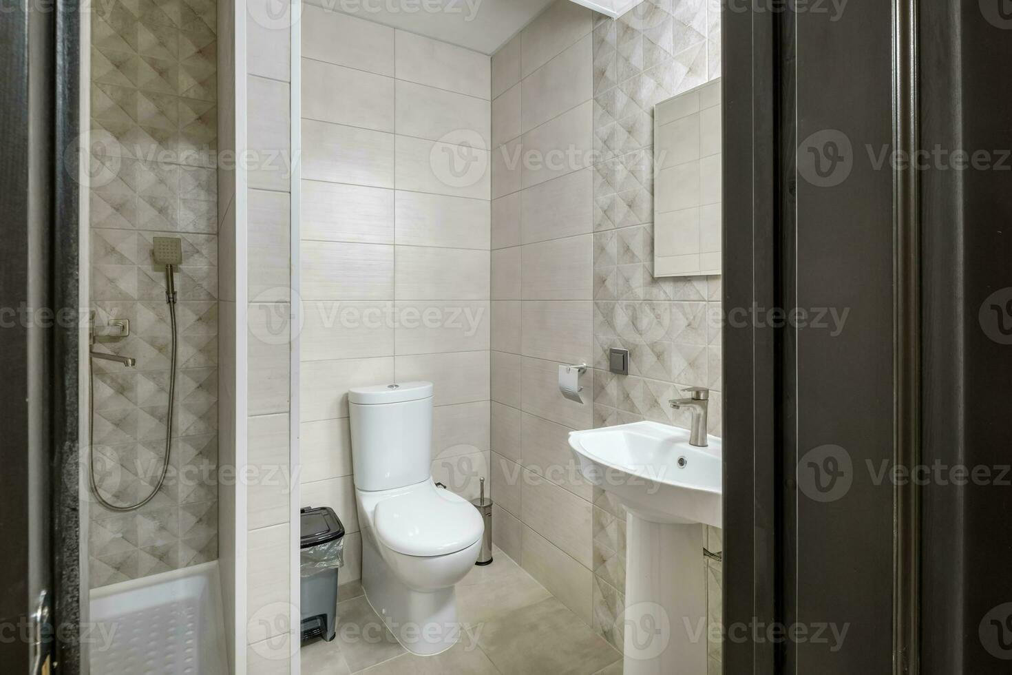 toilettes et détail d'une cabine de douche d'angle avec fixation murale pour douche photo