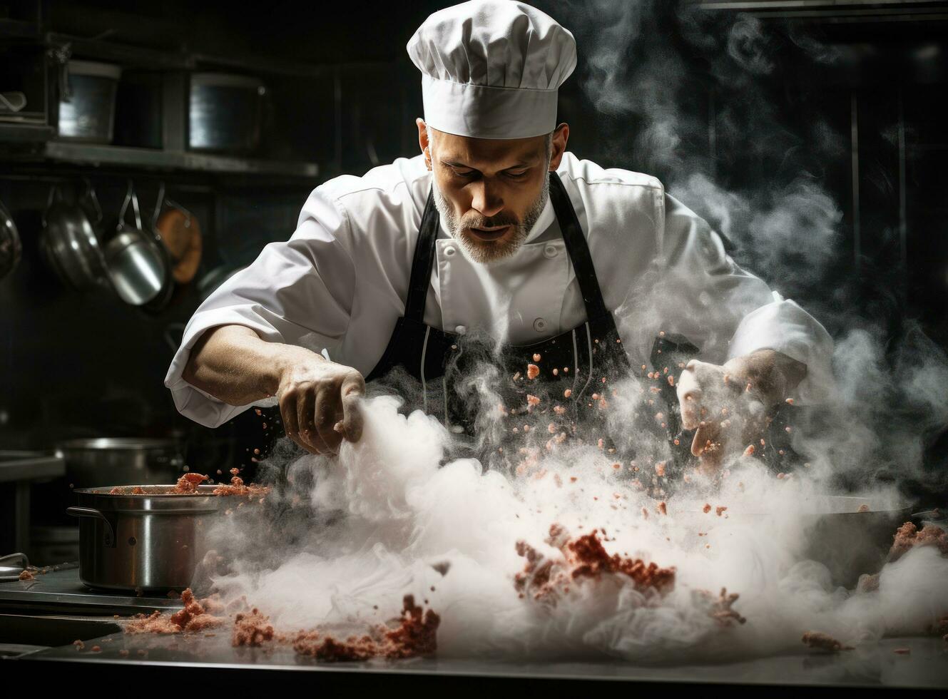 chef dans chapeau et des lunettes en train de préparer nourriture grillé dans une la poêle photo