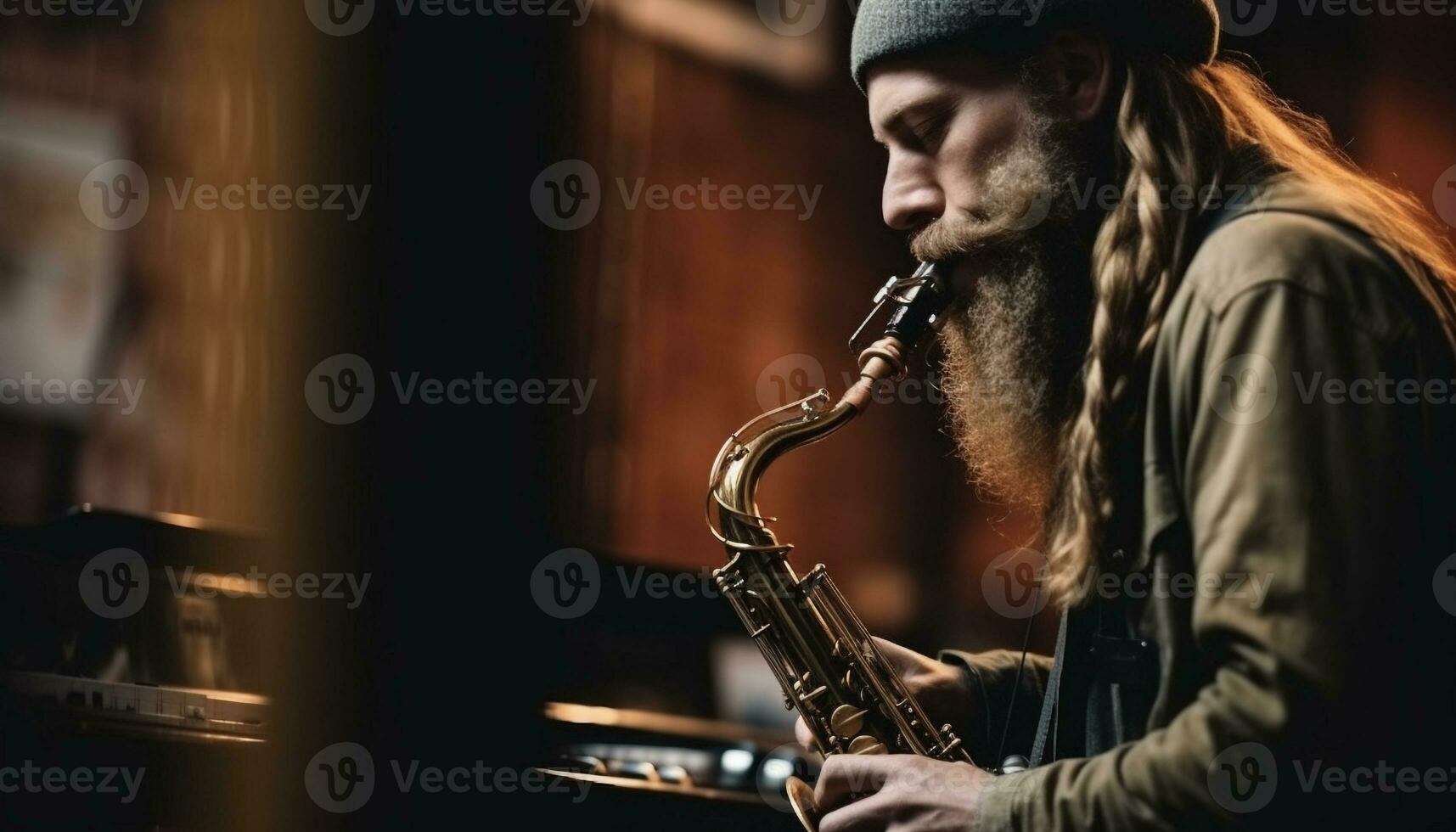 une musicien en jouant une saxophone, soufflant avec compétence et concentration généré par ai photo