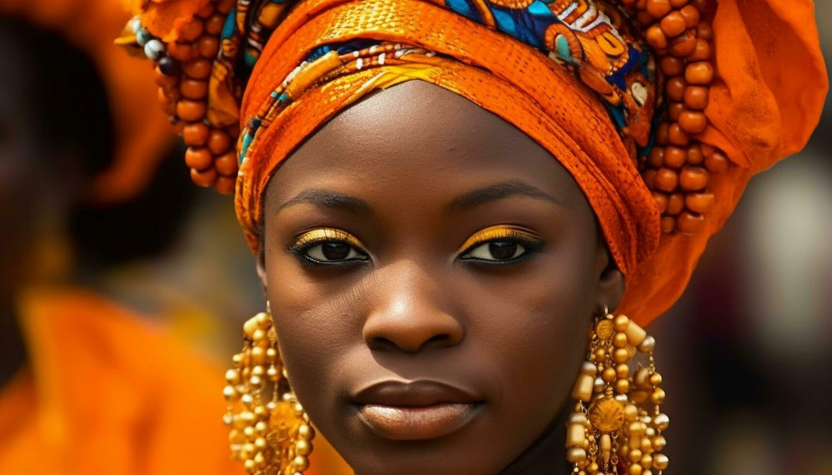 africain femme dans traditionnel vêtements, souriant, à la recherche à caméra généré par ai photo