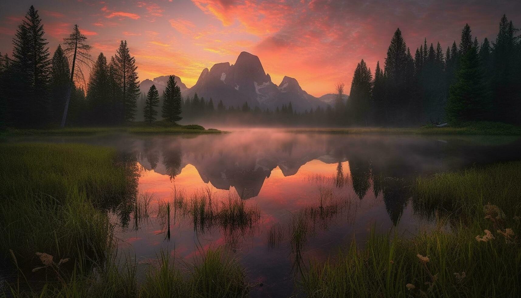 tranquille scène, Montagne culminer, coucher de soleil, réflexion, eau, forêt, la nature généré par ai photo