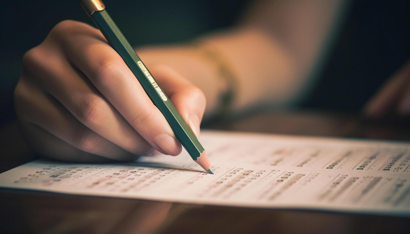 écriture sur papier, étudiant en étudiant, proche en haut de stylo et crayon généré par ai photo