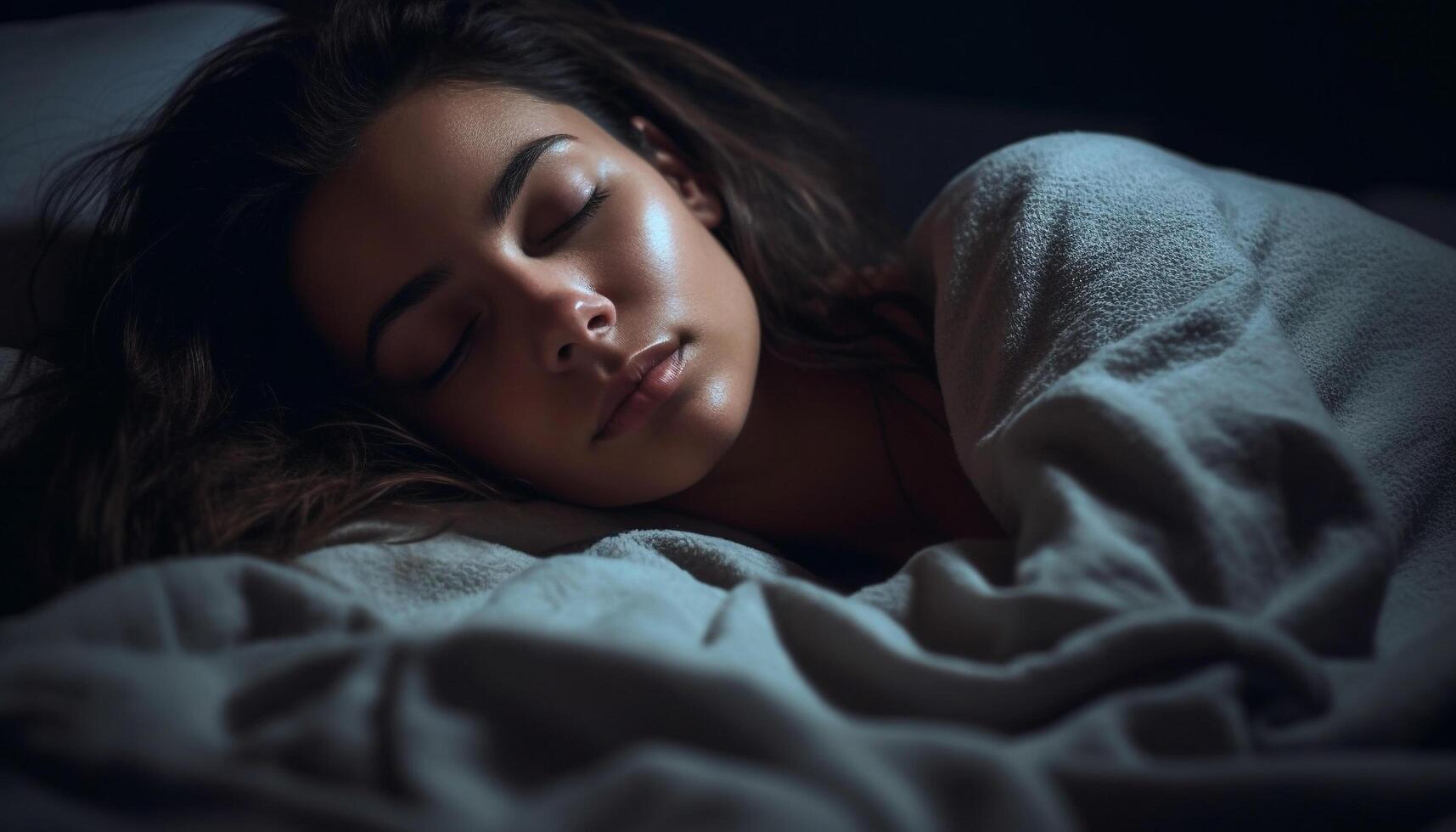 un Jeune femme mensonge vers le bas sur une confortable lit, en train de dormir généré par ai photo