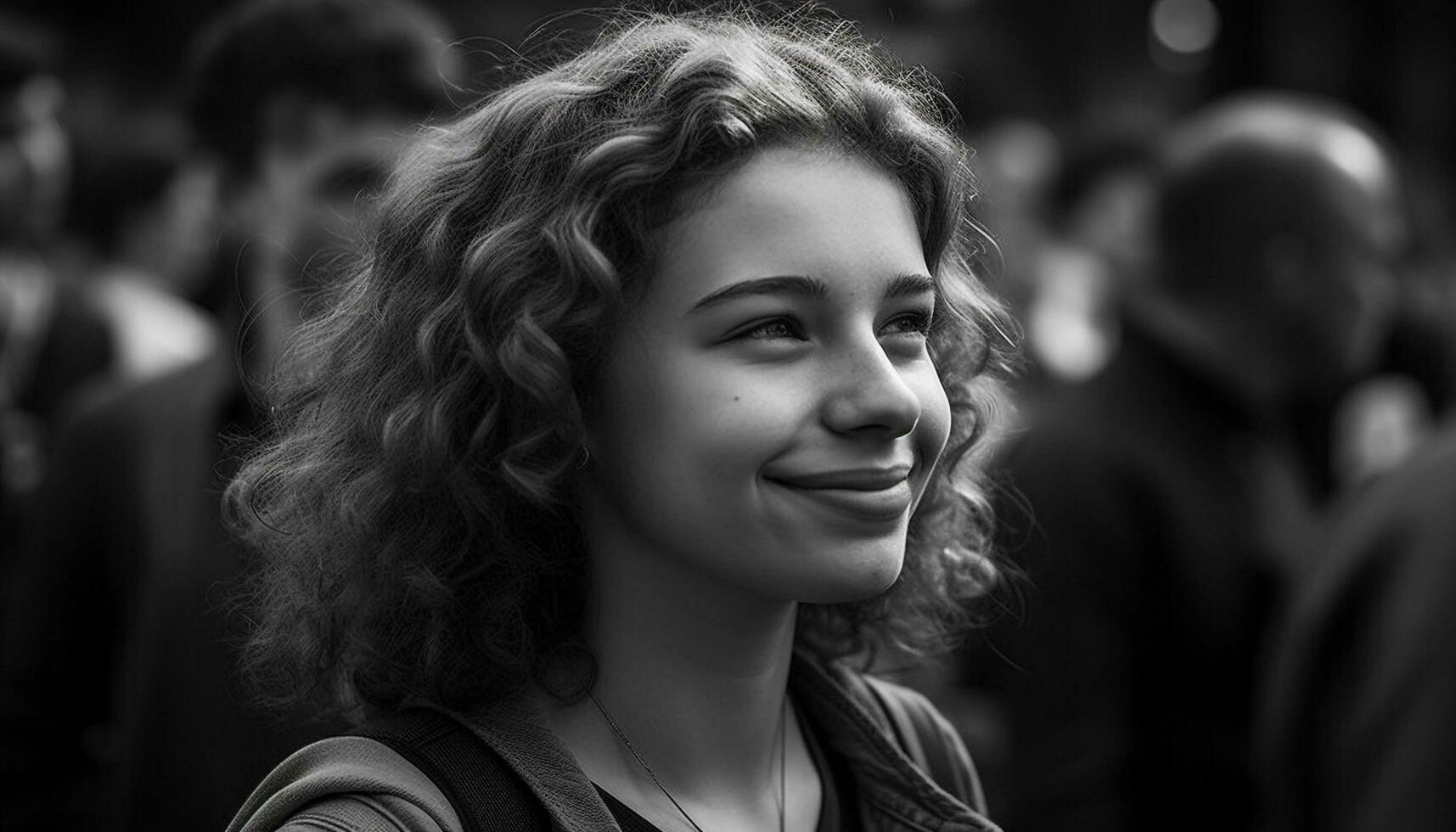 souriant femmes en plein air, Jeune adulte de bonne humeur noir et blanc portrait généré par ai photo