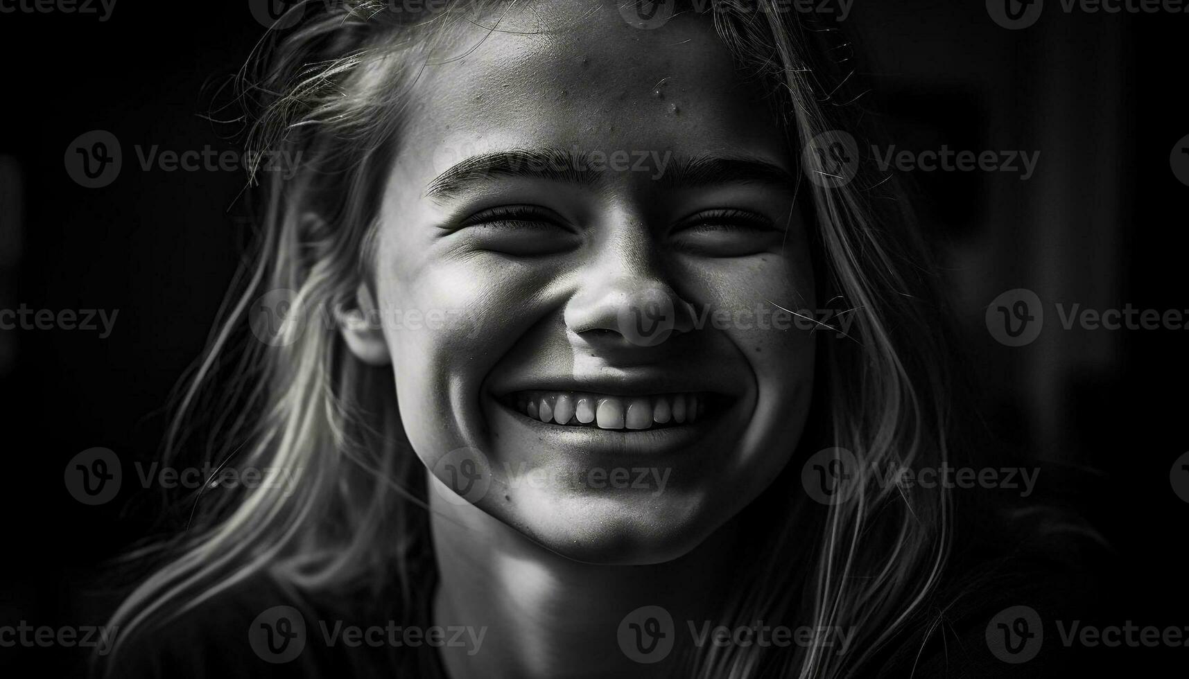 souriant portrait de un de bonne humeur femme, noir et blanc beauté généré par ai photo