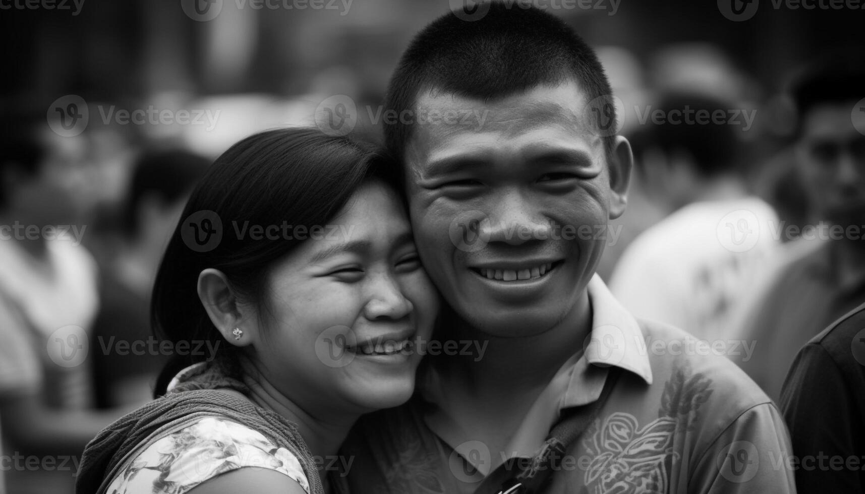 souriant noir et blanc en plein air, concentrer sur premier plan, bonheur Hommes généré par ai photo