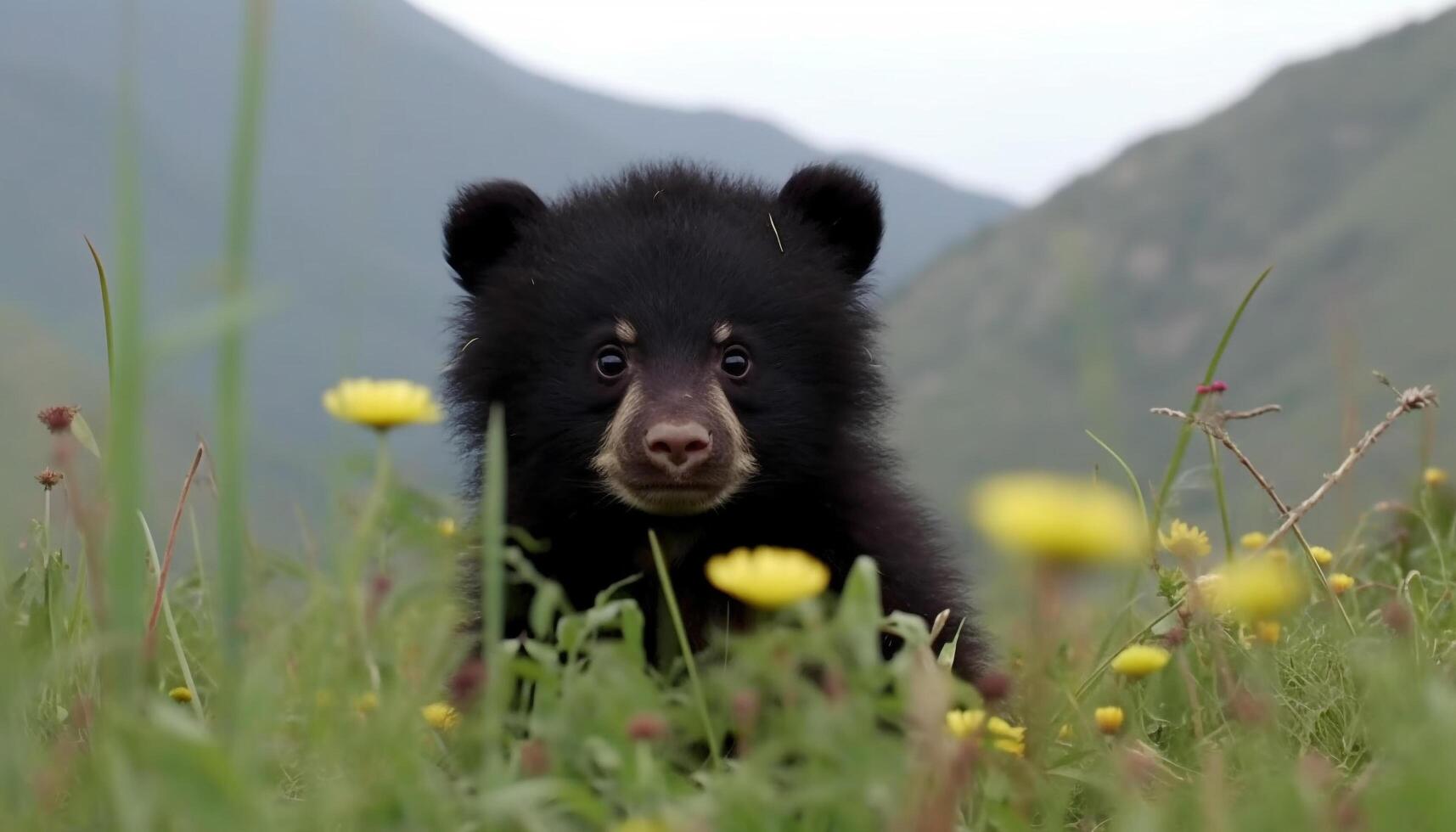 mignonne chiot séance dans herbe, à la recherche à caméra, entouré par fleurs généré par ai photo