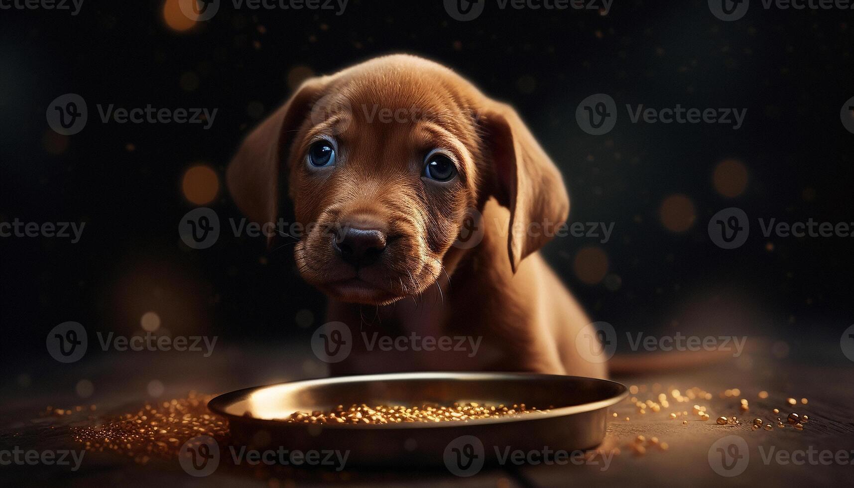 mignonne chiot séance, en mangeant nourriture, à l'intérieur, avec sélectif concentrer généré par ai photo