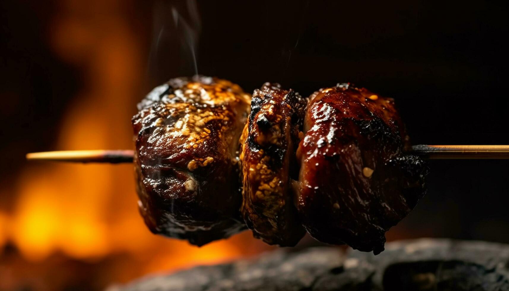 grillé Viande sur feu, Naturel chaleur, barbecue, charbon, proche en haut cuisine généré par ai photo