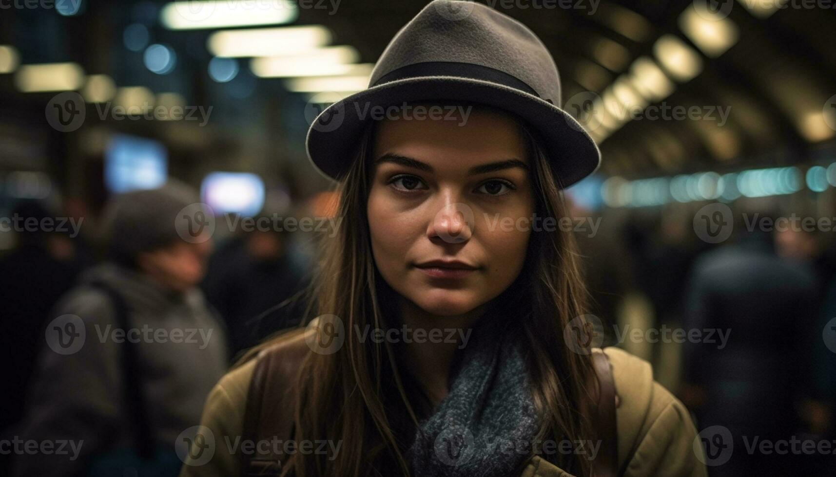 Jeune adulte femme dans à la mode hiver Vêtements en marchant dans illuminé ville généré par ai photo