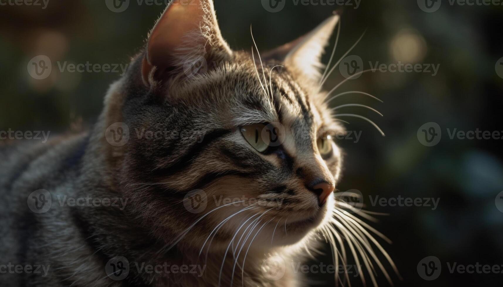 mignonne chaton séance en plein air, regarder avec curiosité à le caméra généré par ai photo