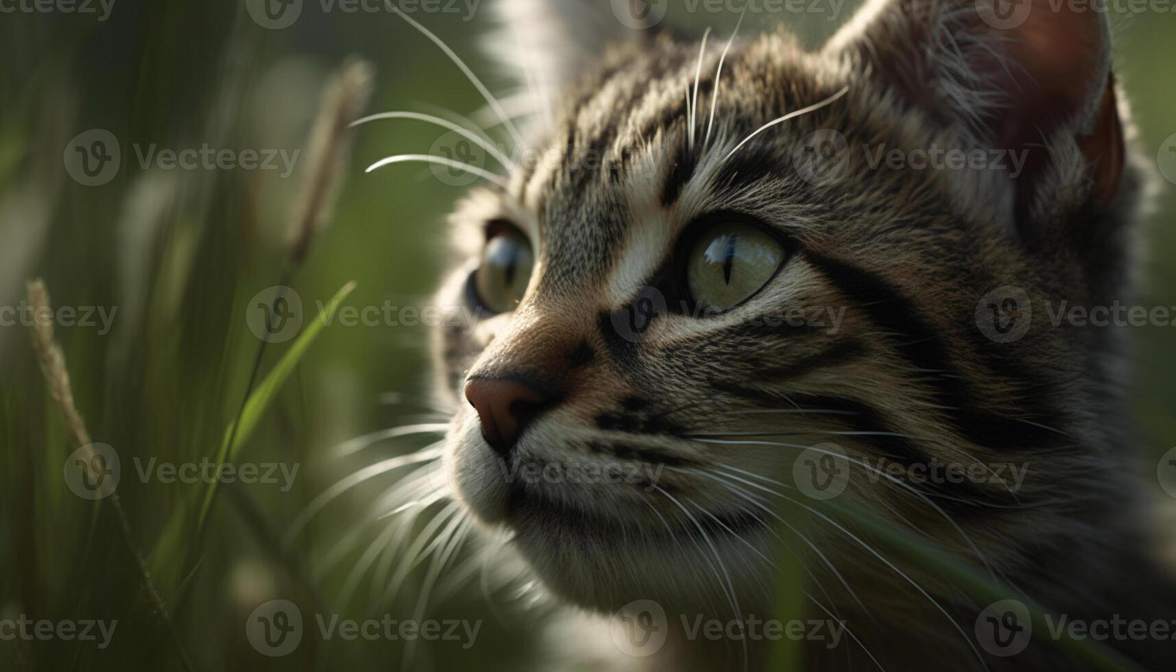 mignonne chaton séance dans herbe, regarder avec curieuse vert yeux généré par ai photo