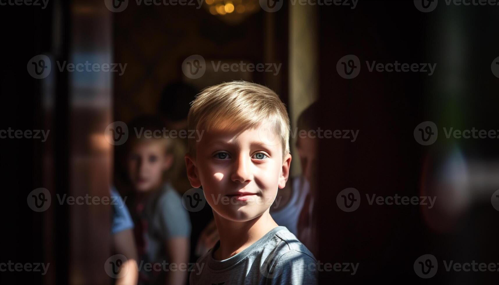 une mignonne blond garçon souriant, à la recherche à caméra, plein de joie généré par ai photo