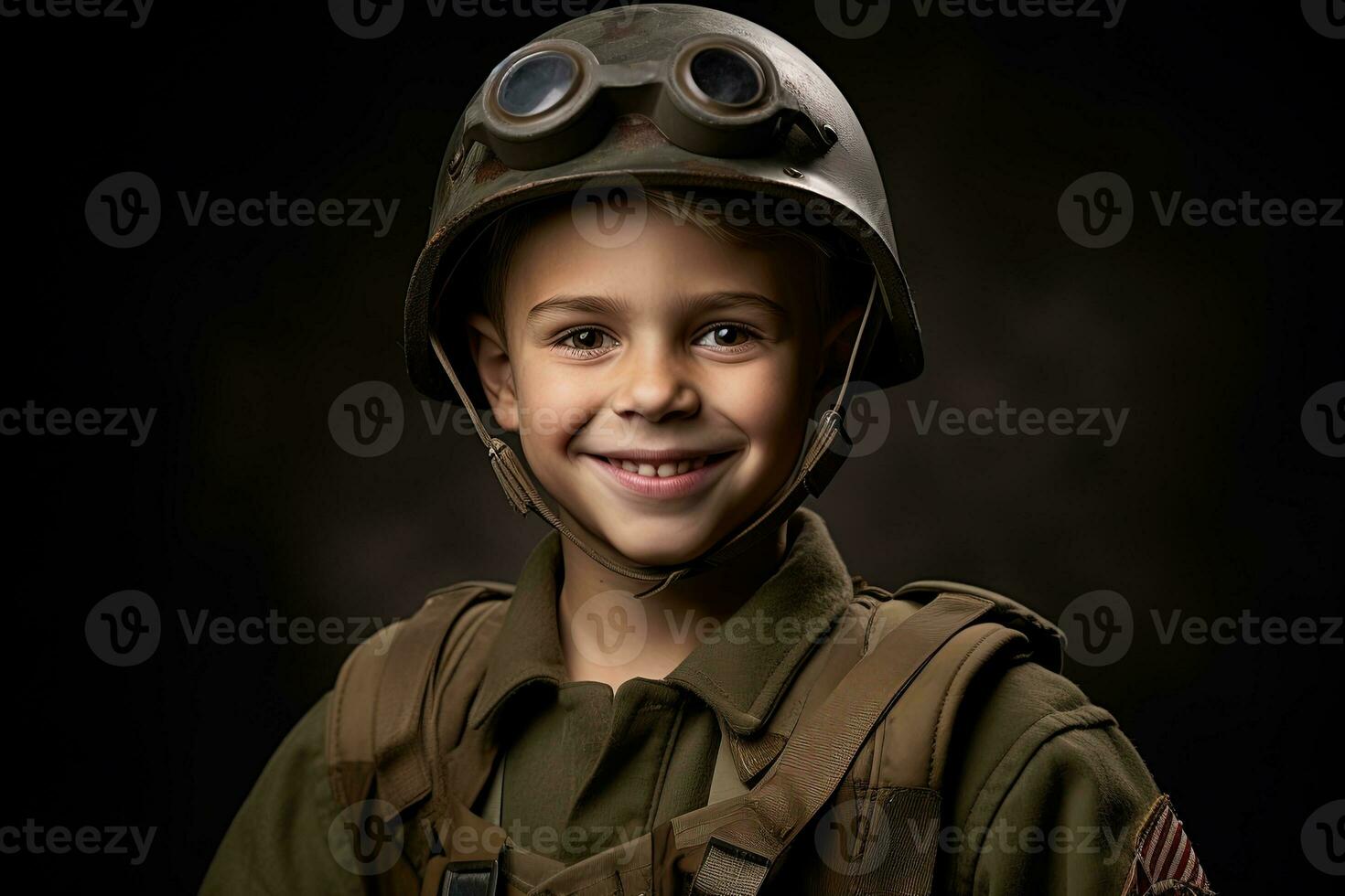 portrait de une mignonne peu garçon dans militaire uniforme sur foncé Contexte ai généré photo