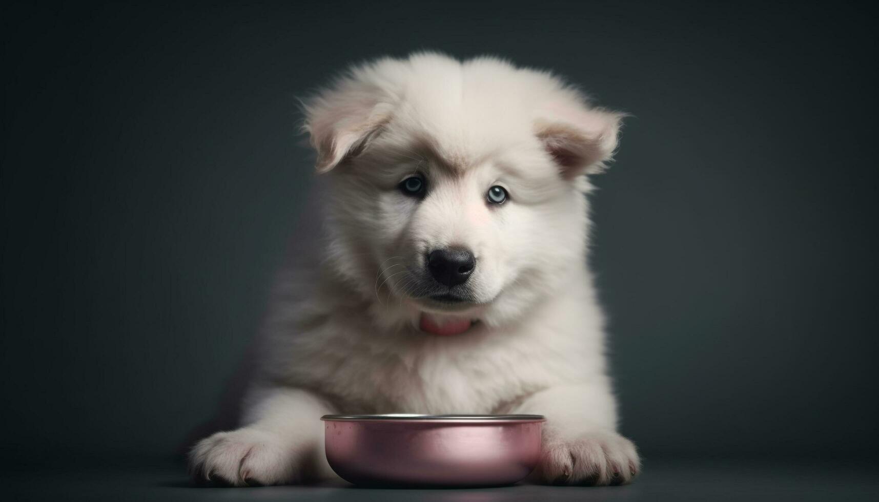 mignonne chiot séance, à la recherche à caméra avec bleu yeux généré par ai photo