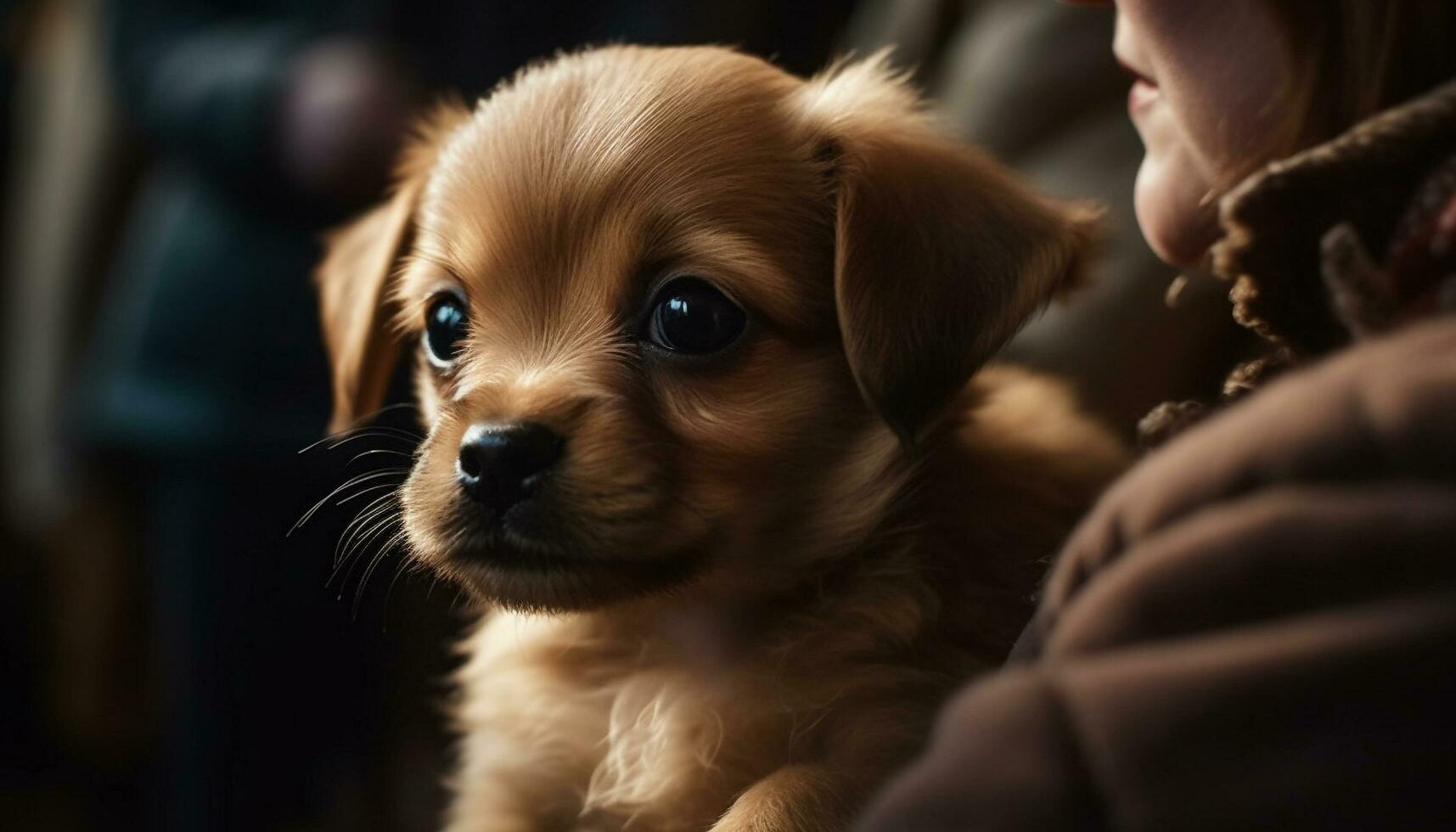 mignonne chiot séance, à la recherche à Jeune enfant avec pur joie généré par ai photo