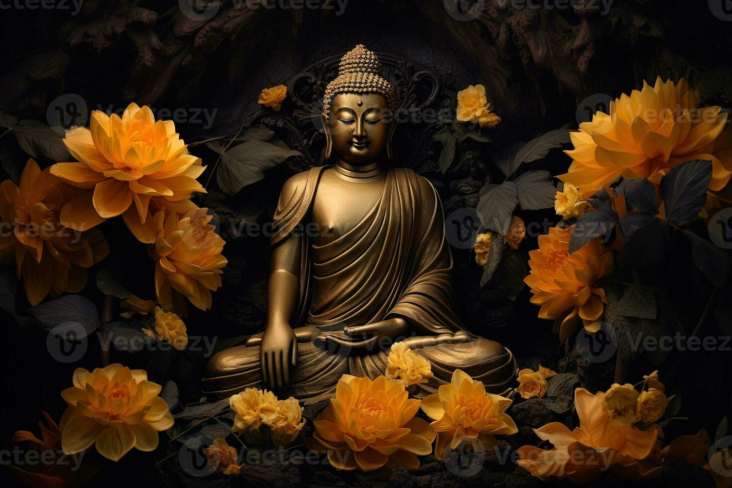 une d'or Bouddha statue entouré par fleurs ai généré photo
