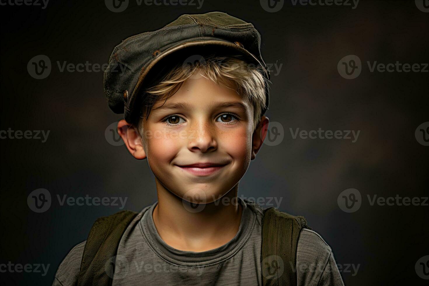 portrait de une mignonne peu garçon dans militaire uniforme sur foncé Contexte ai généré photo