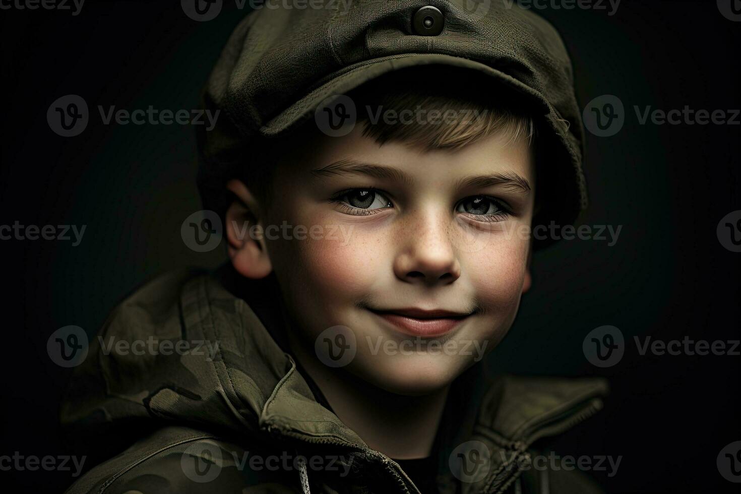 portrait de une mignonne peu garçon dans militaire uniforme sur foncé Contexte ai généré photo