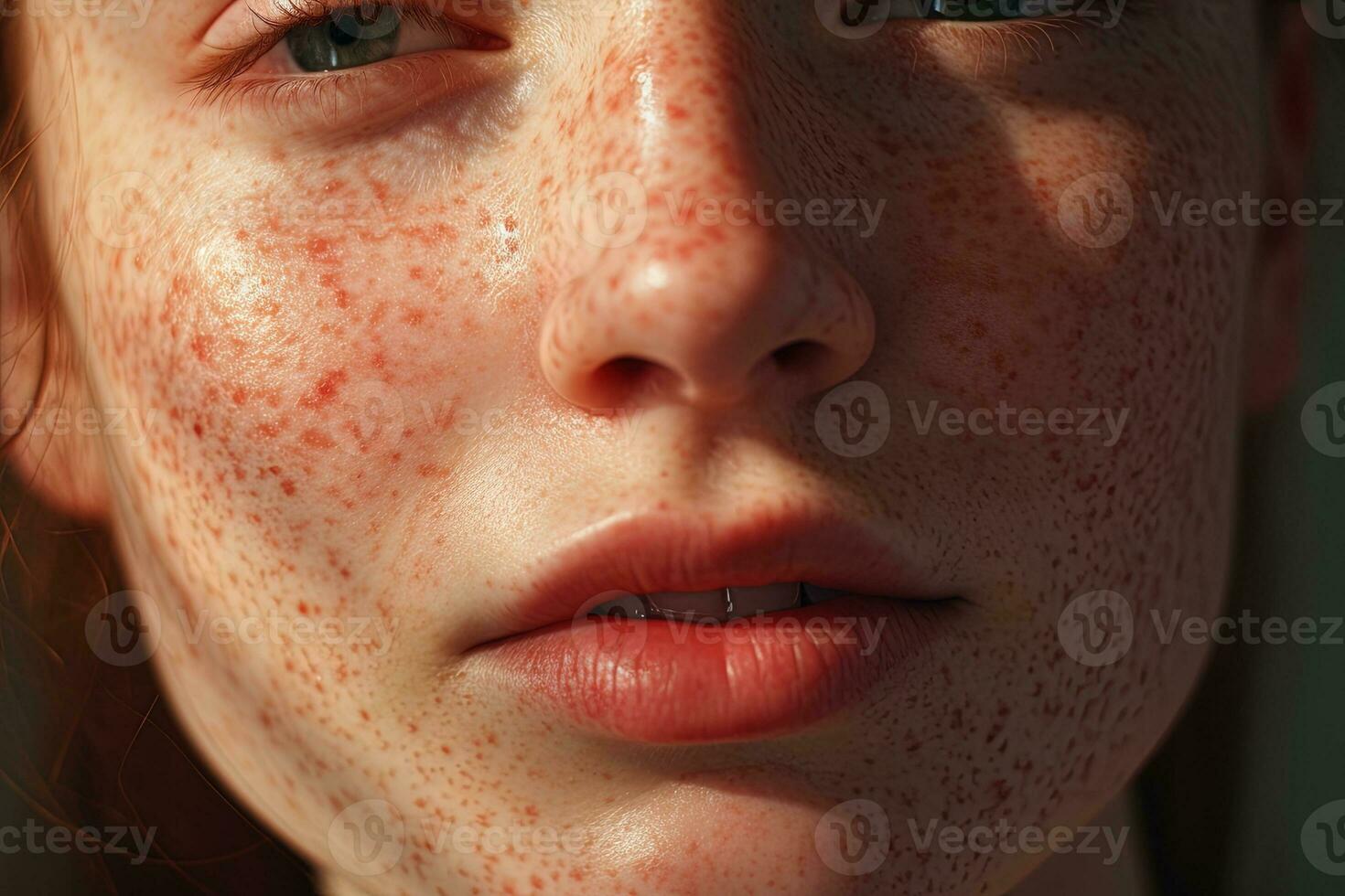 une proche en haut de une femme avec taches de rousseur ai généré photo