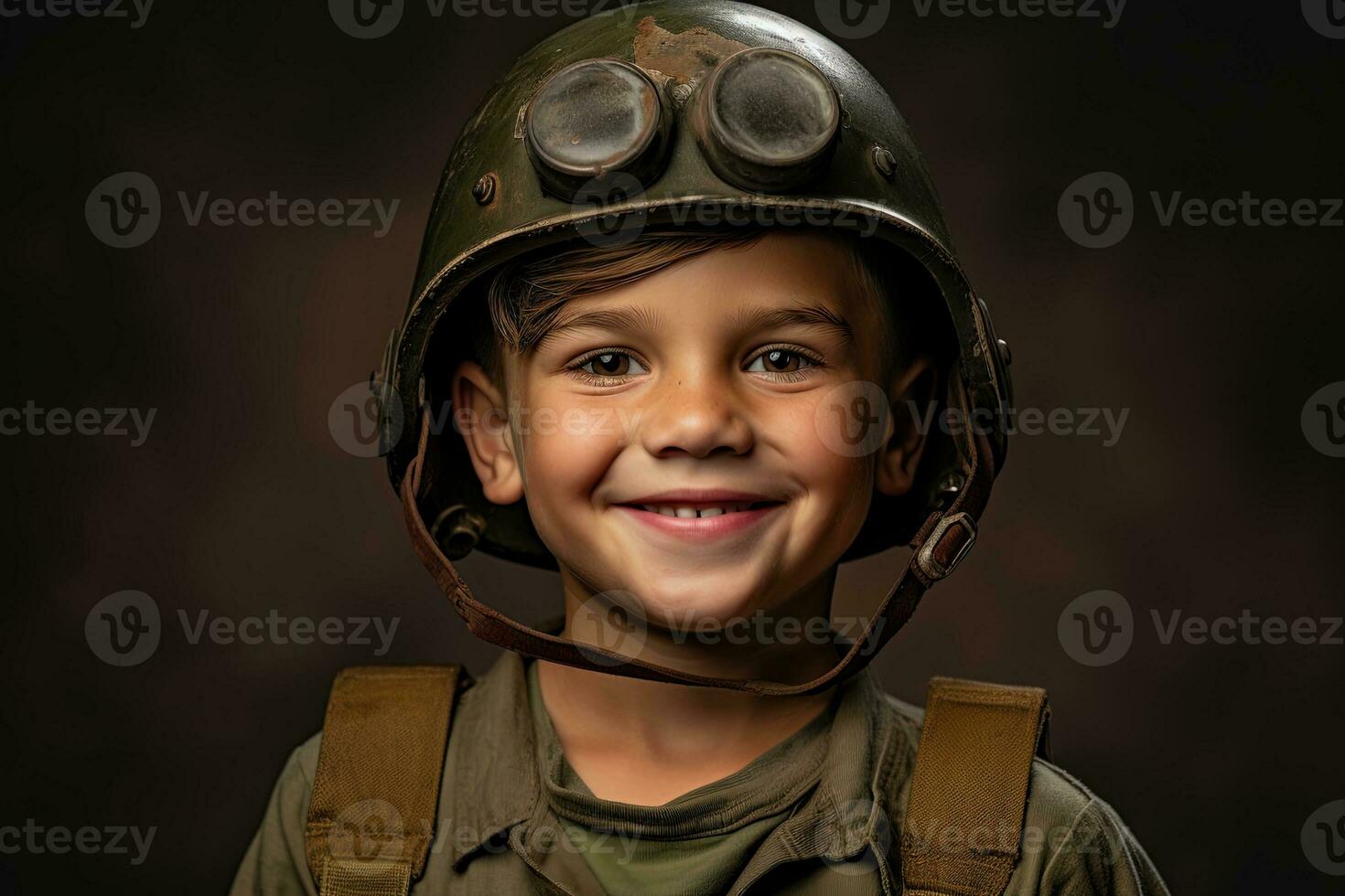 portrait de une mignonne peu garçon dans militaire uniforme sur foncé Contexte ai généré photo