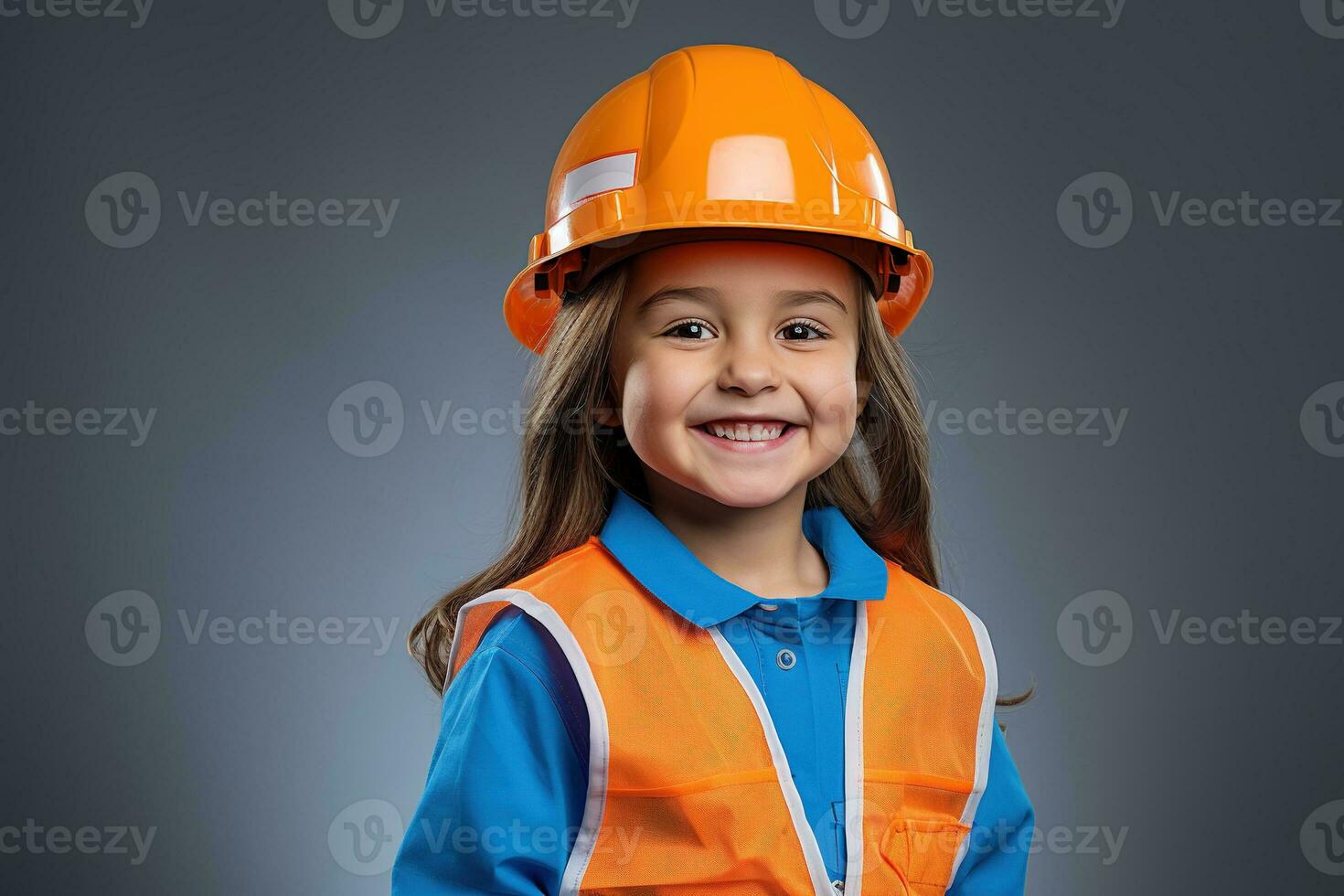 portrait de une souriant peu fille dans une construction casque ai généré photo