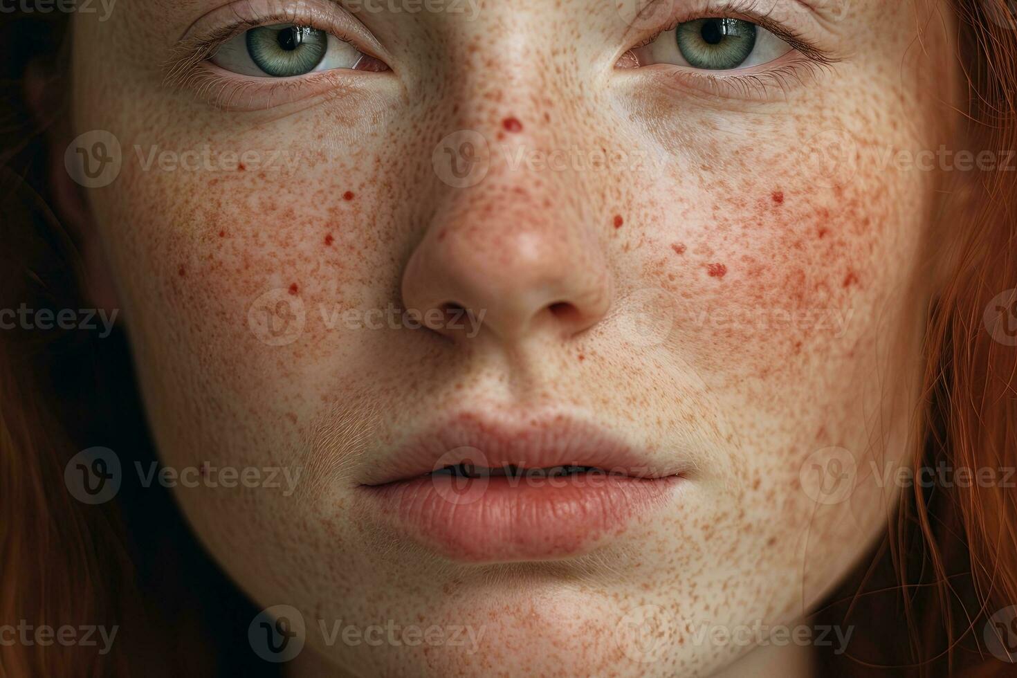 une proche en haut de une femme avec taches de rousseur ai généré photo