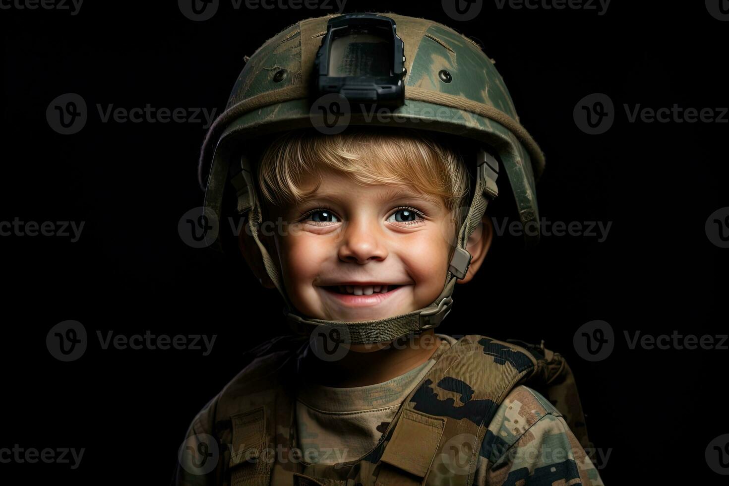 portrait de une mignonne peu garçon dans militaire uniforme sur foncé Contexte ai généré photo