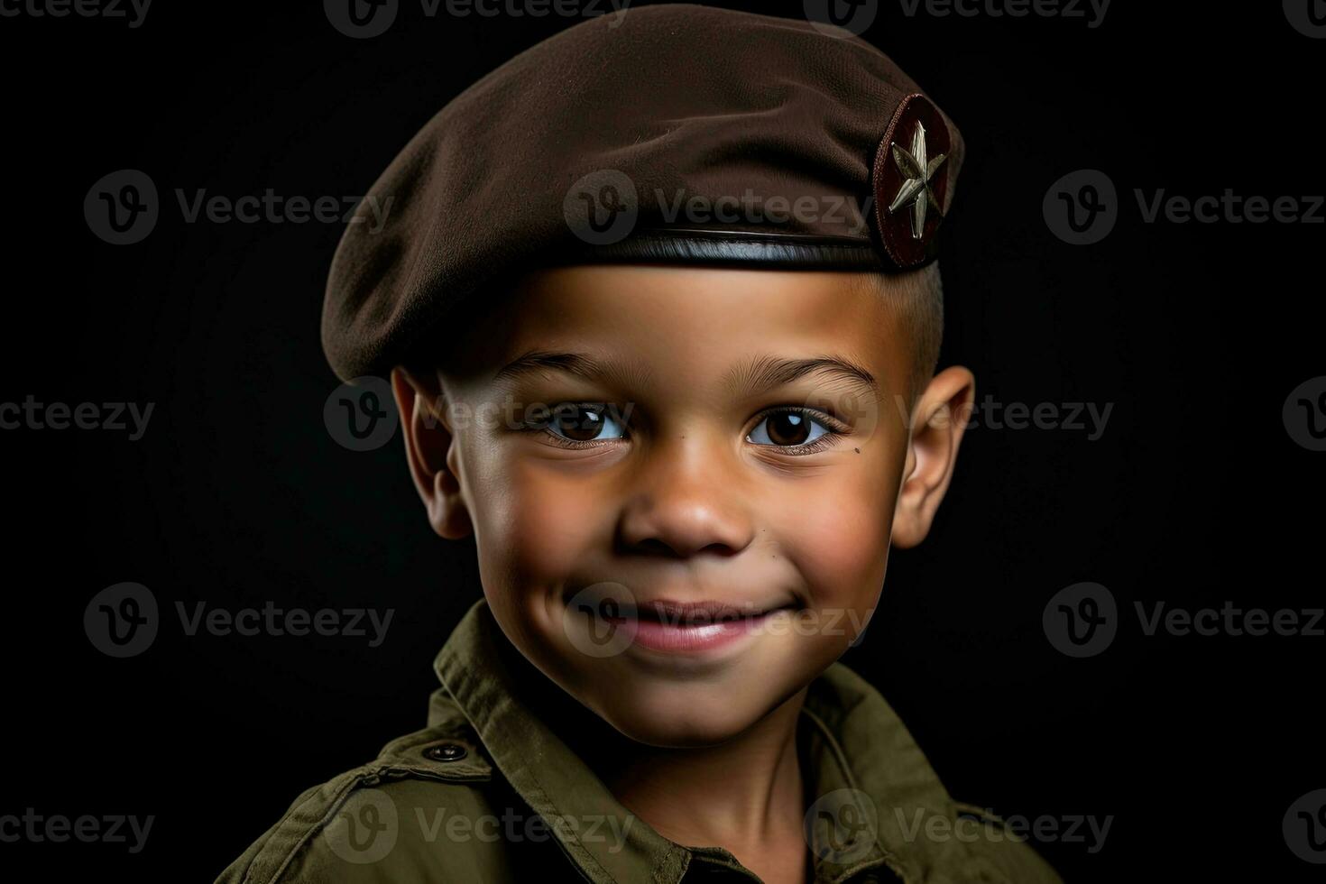 portrait de une mignonne peu garçon dans militaire uniforme sur foncé Contexte ai généré photo