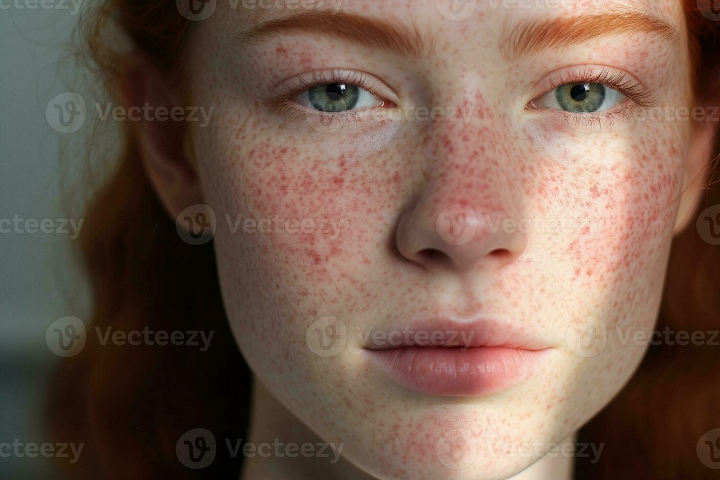 une proche en haut de une femme avec taches de rousseur, rosacée couperose rougeur peau ai généré photo