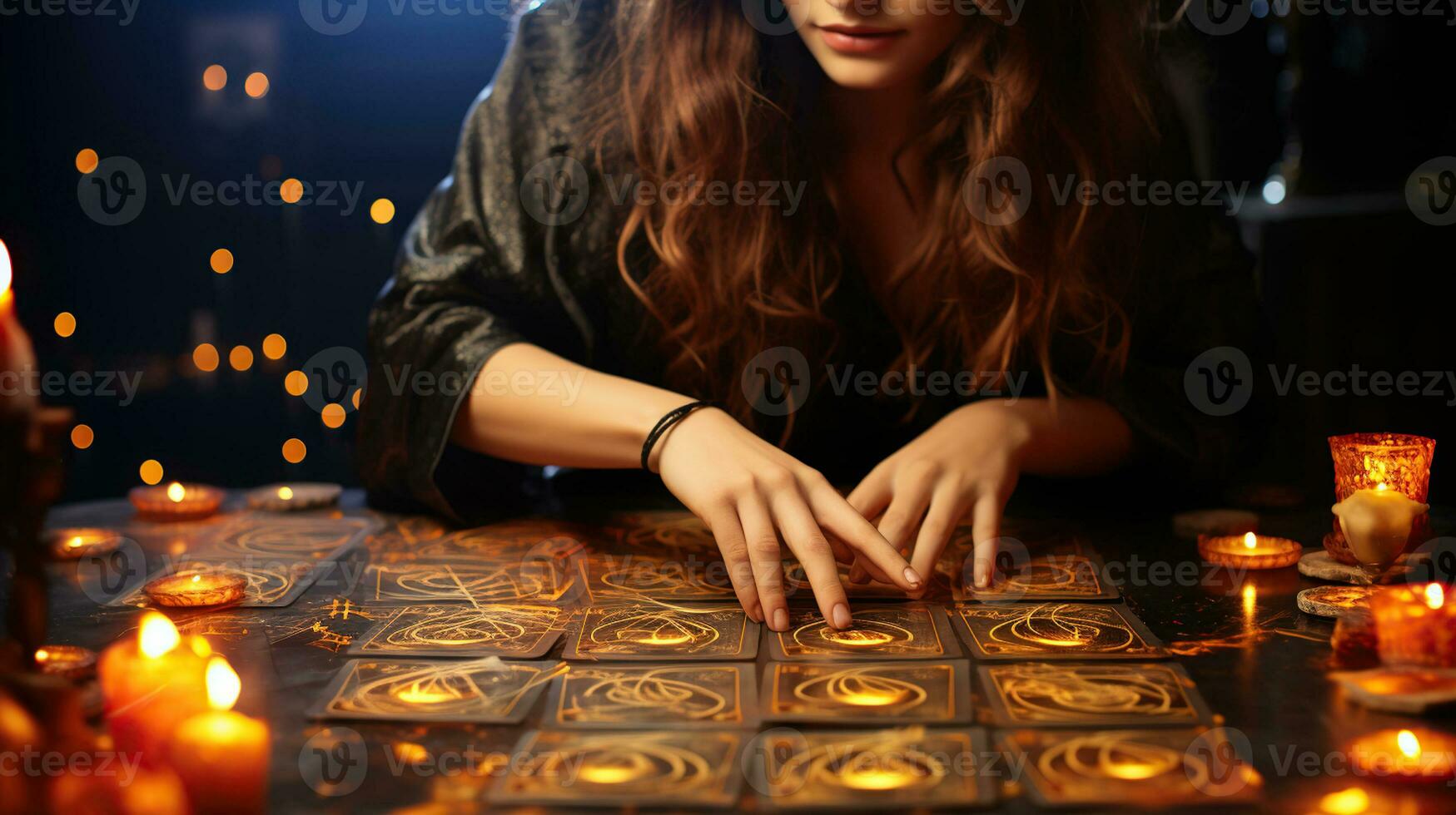 cartomancie. une fortune caissier lit tarot cartes. sur le table sont bougies et voyance objets et des étincelles photo