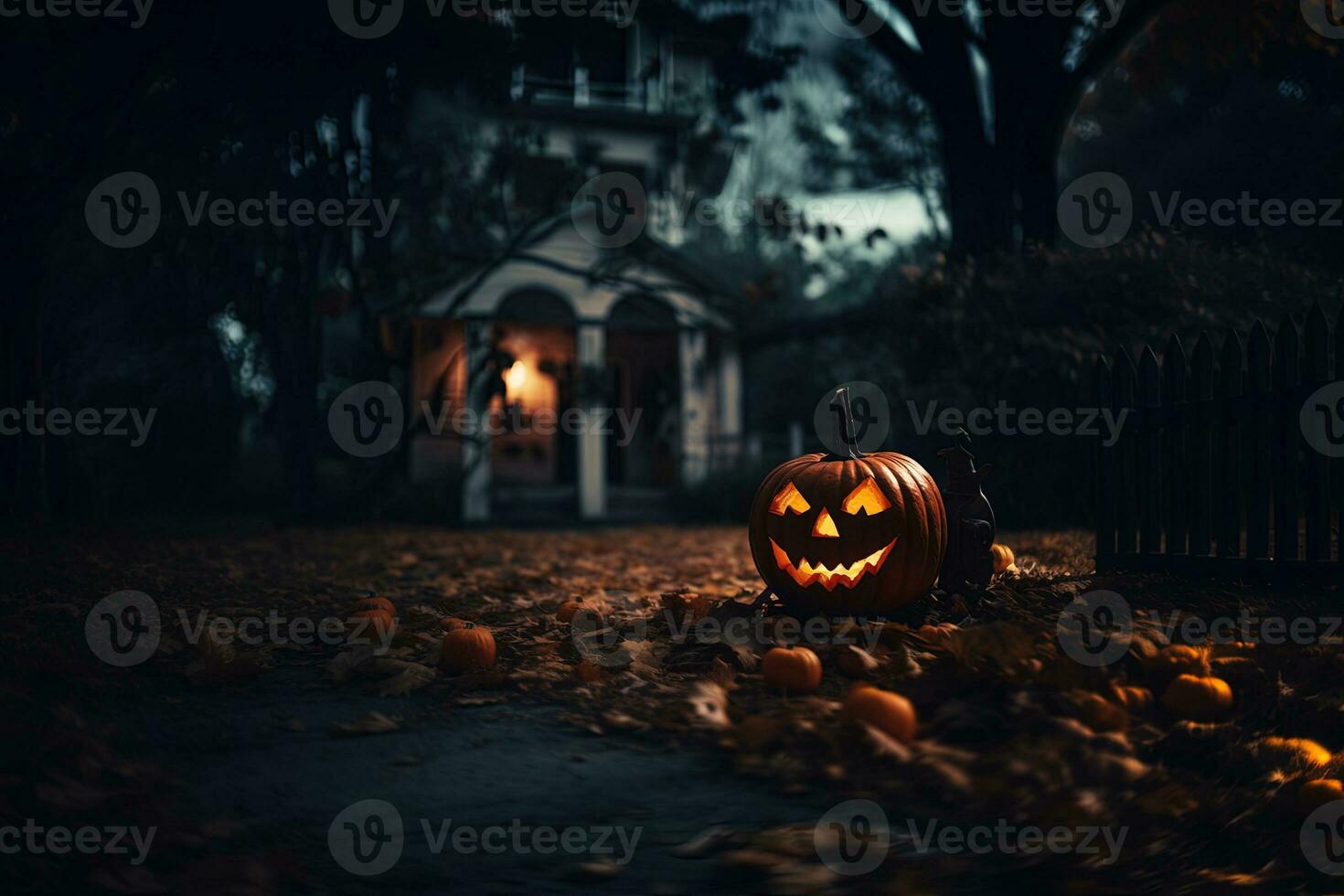 Halloween citrouilles dans de face de une maison à nuit, Halloween Contexte ai généré photo