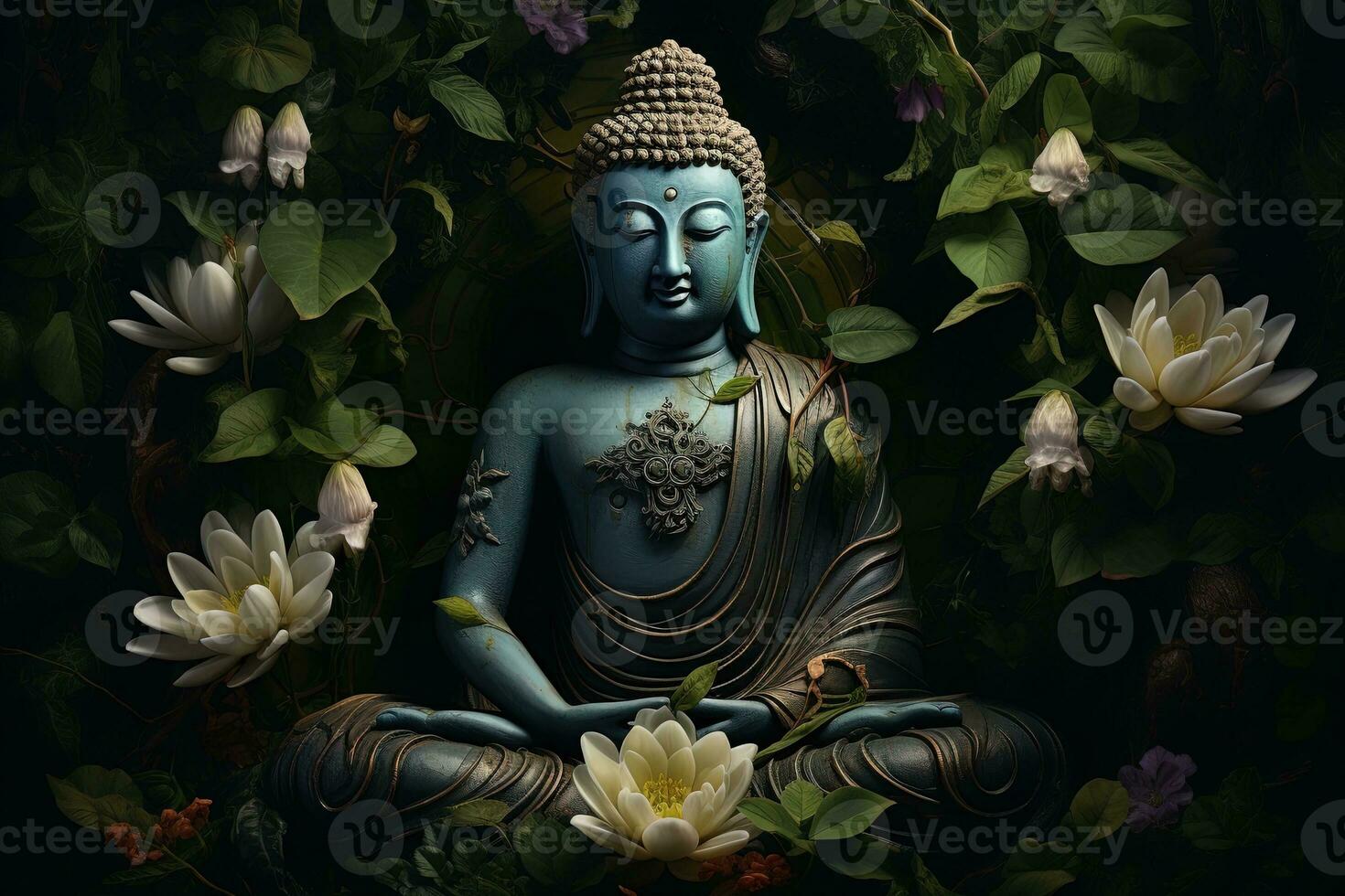 Bouddha statue avec lotus fleur et vert feuilles Contexte ai généré photo