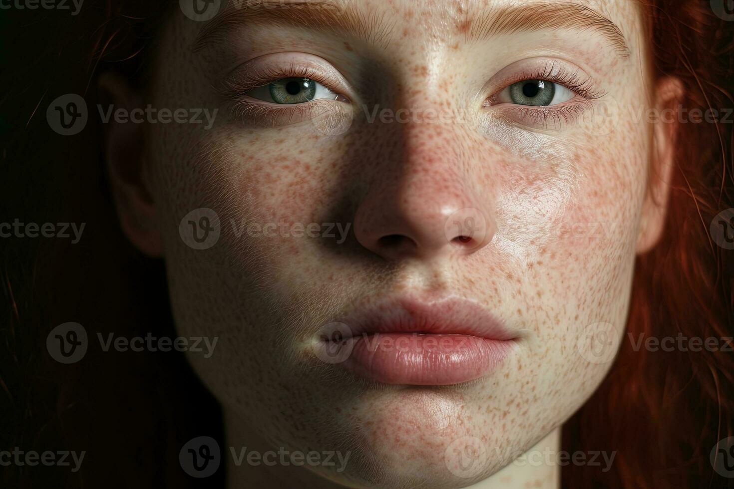 une proche en haut de une femme avec taches de rousseur, rosacée couperose rougeur peau ai généré photo