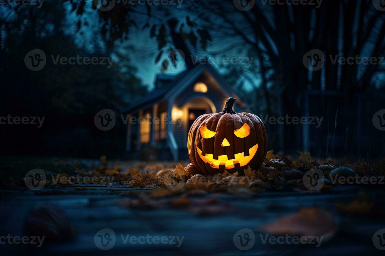 Halloween citrouilles dans de face de une maison à nuit, Halloween Contexte ai généré photo